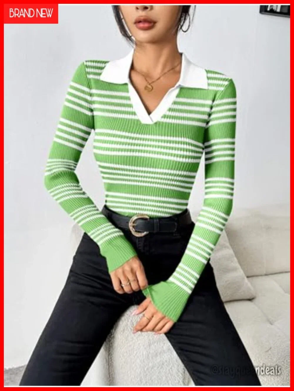 Long Sleeve V Neck Ribbed Knit Slim Fitted Sweater Pullover Size S-XXL